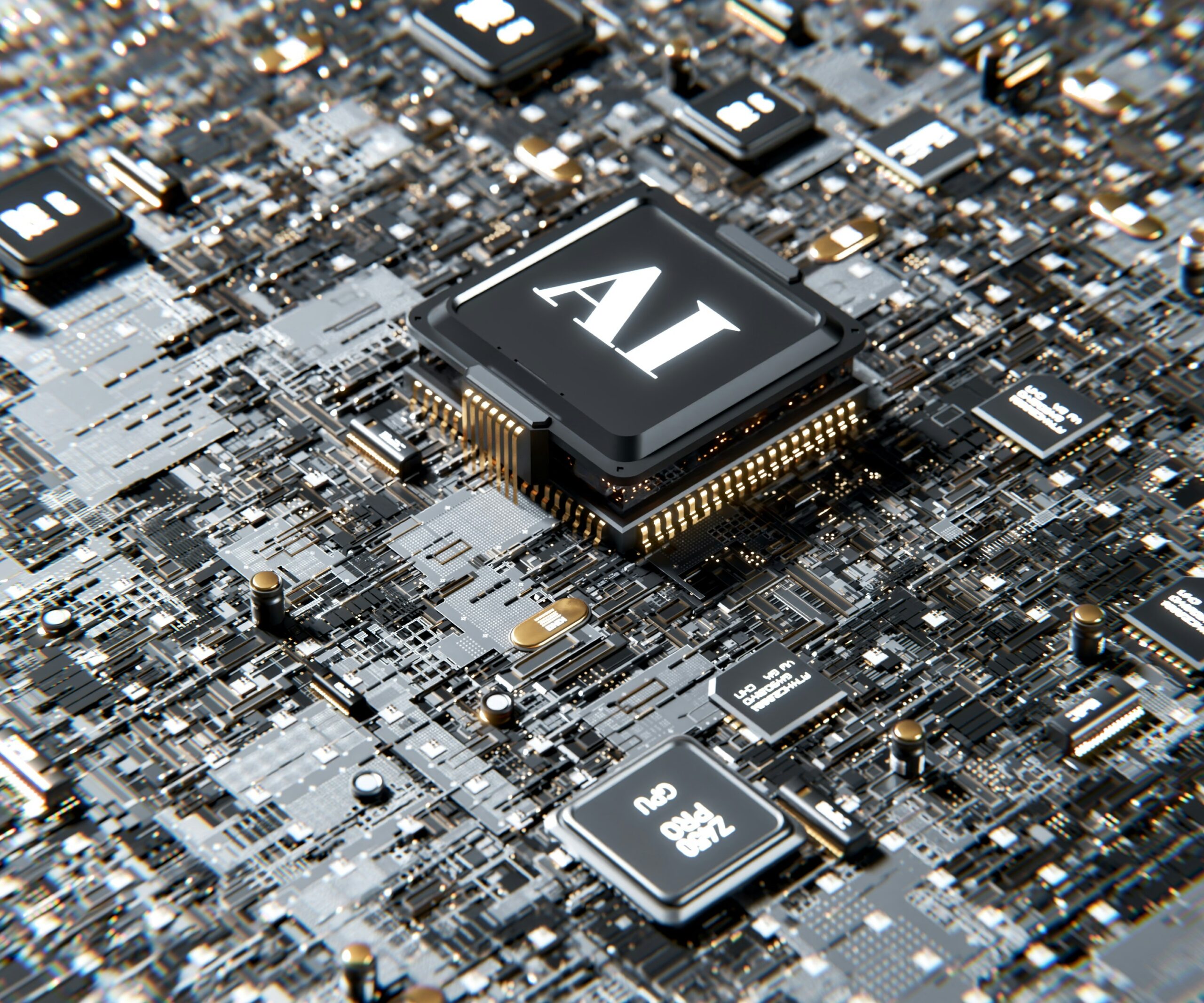 Close-up of a computer motherboard featuring multiple microchips and electronic components, with a central black chip labeled 'AI' symbolizing artificial intelligence processing.